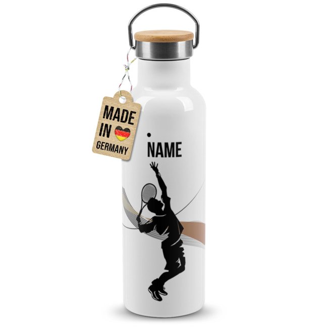 Tassendruck Trinkflasche mit Bambusdeckel - Tennis Silhouette Mann - mit Name - Weiß