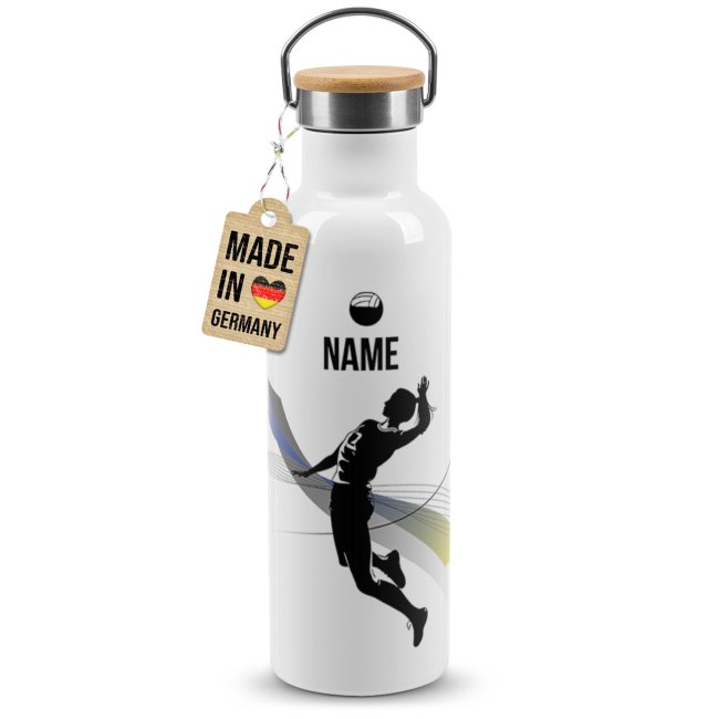 Tassendruck Trinkflasche mit Bambusdeckel - Volleyball Silhouette Frau - mit Name - Weiß Bis zu 65% Rabatt