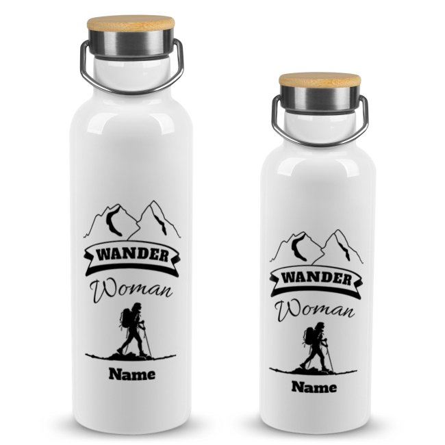 Tassendruck Trinkflasche mit Bambusdeckel - Wander Woman - mit Name - Weiß Sonderangebot der Fabrik