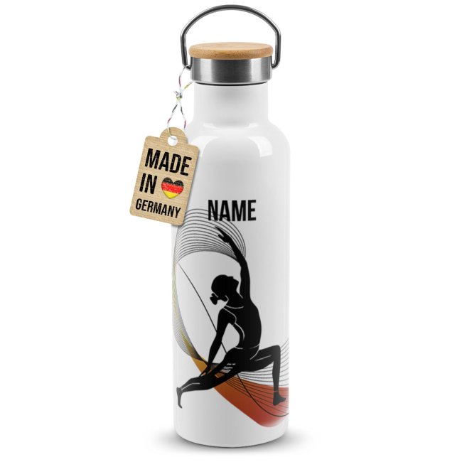 Tassendruck Trinkflasche mit Bambusdeckel - Yoga Silhouette Frau - mit Name - Weiß Vierteljährliche Förderung