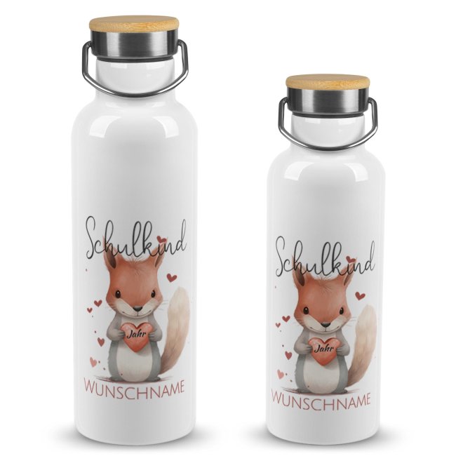 Tassendruck Trinkflasche mit Bambusdeckel zur Einschulung - mit Name & Jahr - Schulkind, Eichhörnchen