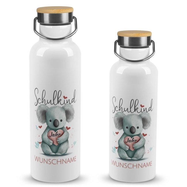 Tassendruck Trinkflasche mit Bambusdeckel zur Einschulung - mit Name & Jahr - Schulkind, Koala