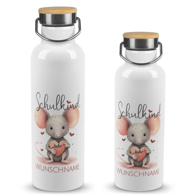 Tassendruck Trinkflasche mit Bambusdeckel zur Einschulung - mit Name & Jahr - Schulkind, Maus