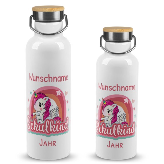 Tassendruck Trinkflasche mit Bambusdeckel zur Einschulung - Schulkind Einhorn - mit Name & Jahr gestalten Kostenloser Versand international