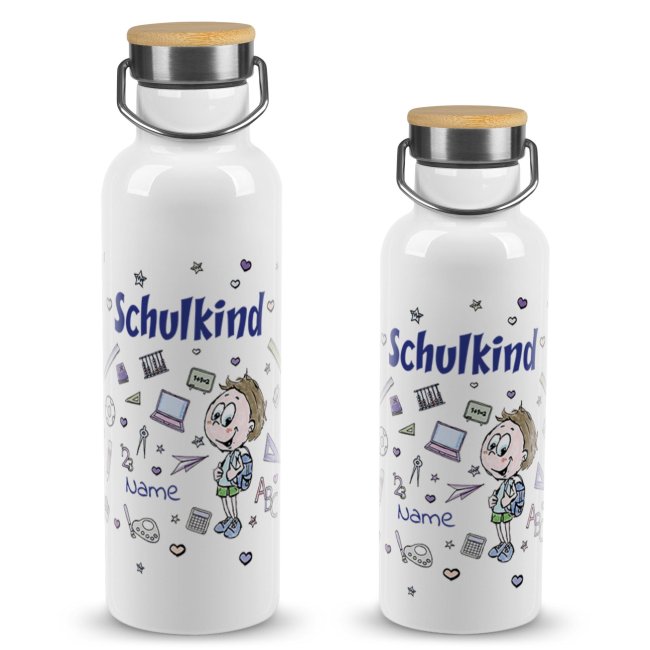 Tassendruck Trinkflasche mit Bambusdeckel zur Einschulung - Schulkind Junge - mit Name selbst gestalten