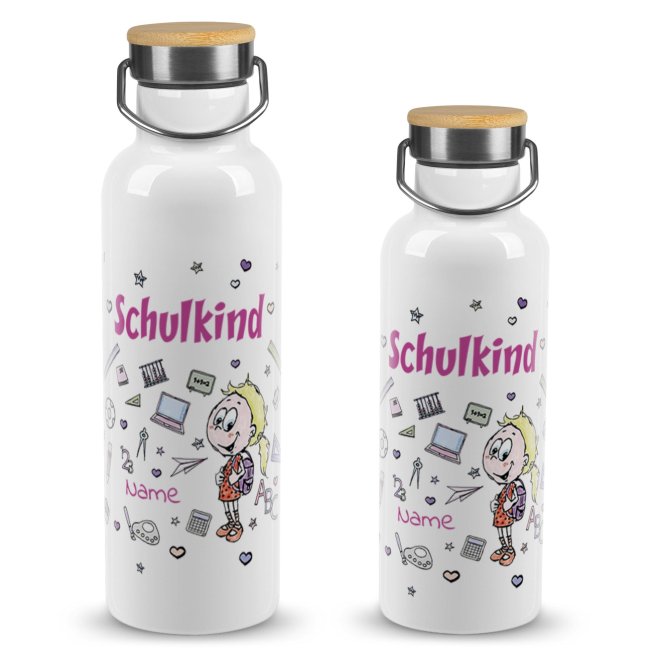 Tassendruck Trinkflasche mit Bambusdeckel zur Einschulung - Schulkind Mädchen - mit Name selbst gestalten