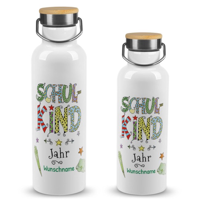 Tassendruck Trinkflasche mit Bambusdeckel zur Einschulung - Schulkind, grün - mit Name & Jahr selbst gestalten