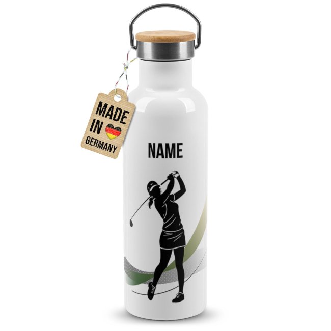 Tassendruck Trinkflasche mit Bambusdeckel - Golf Silhouette Frau - mit Name - Weiß