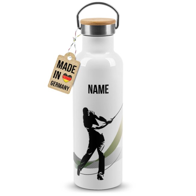 Tassendruck Trinkflasche mit Bambusdeckel - Golf Silhouette Mann - mit Name - Weiß